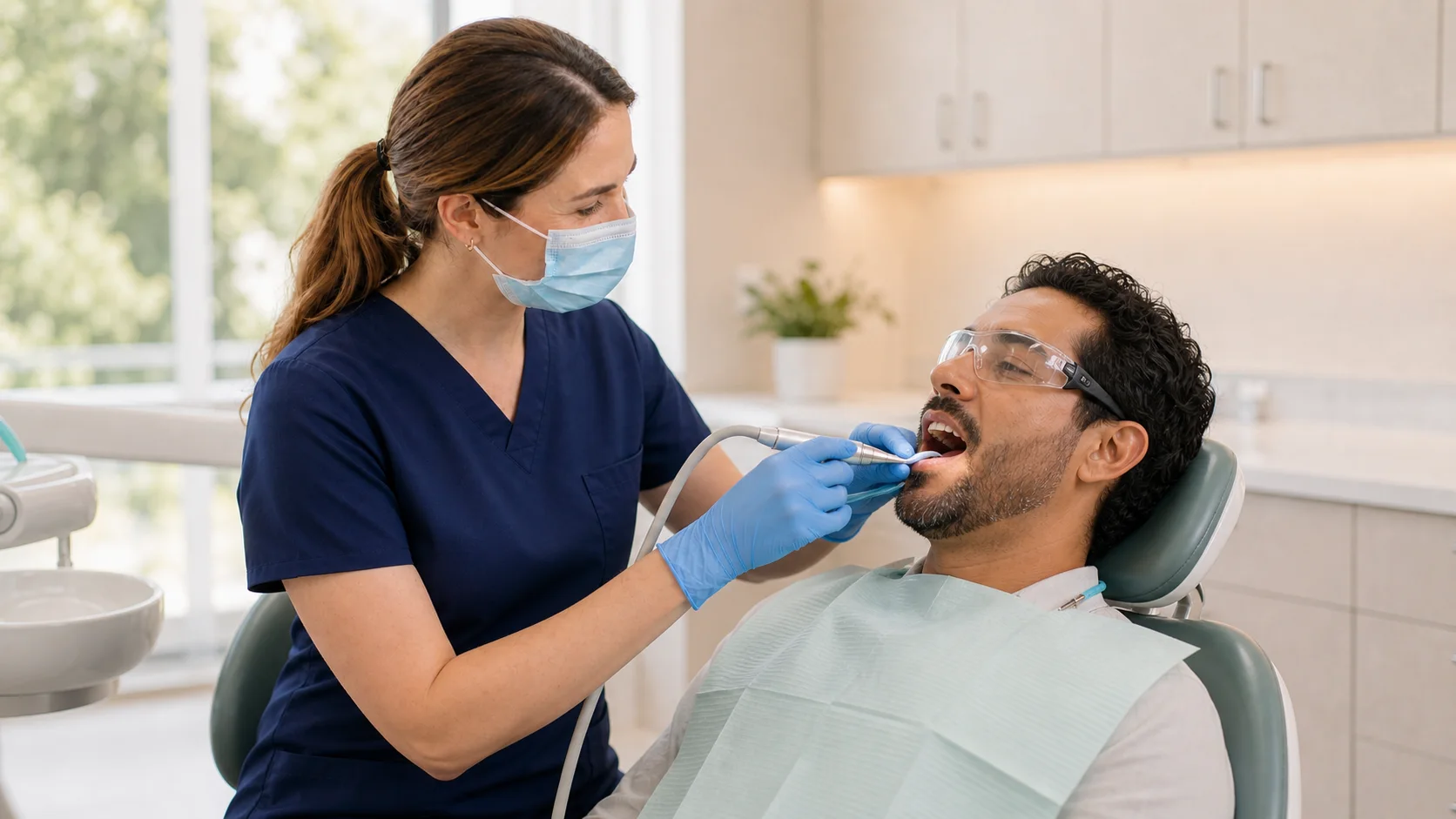 Dentist providing preventive care for an adult patient